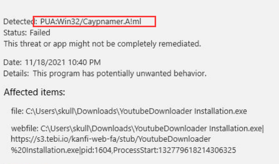 Remove PUA:Win32/Caypnamer.A!ml (Best Instructions)